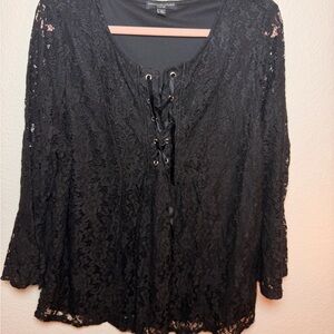 Whimsygoth Black Lace Blouse 2X Lace Up Bell Sleeve Dark Romantic Goth Boho Top